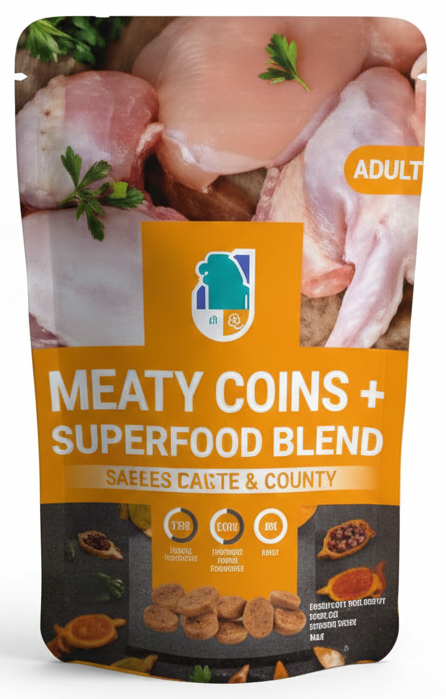 Dog food package with 'Meaty Coins + Superfood Blend' text on a white background