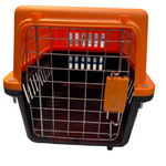 Orange pet carrier with a grid interior on a white background