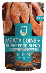 Dog food package with salmon imagery on a white background