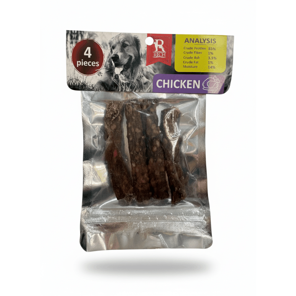 Packaged dog treats with chicken flavor label on a white background