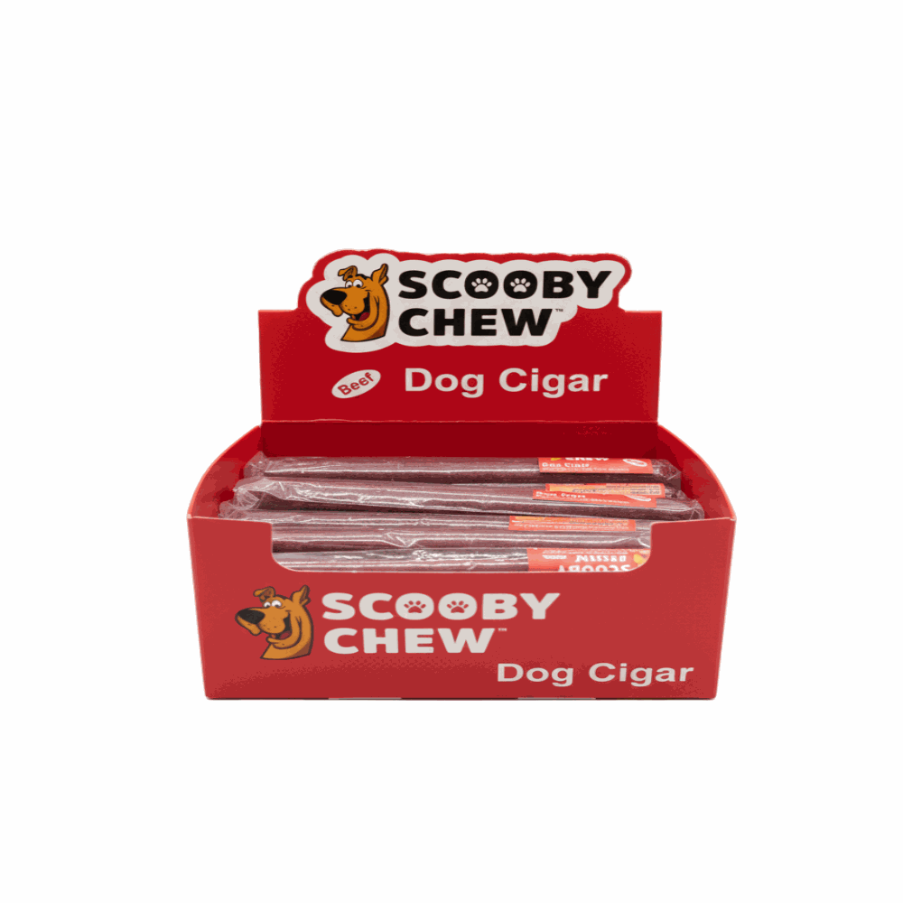 Display box of Scooby Chew Dog Cigars on a white background