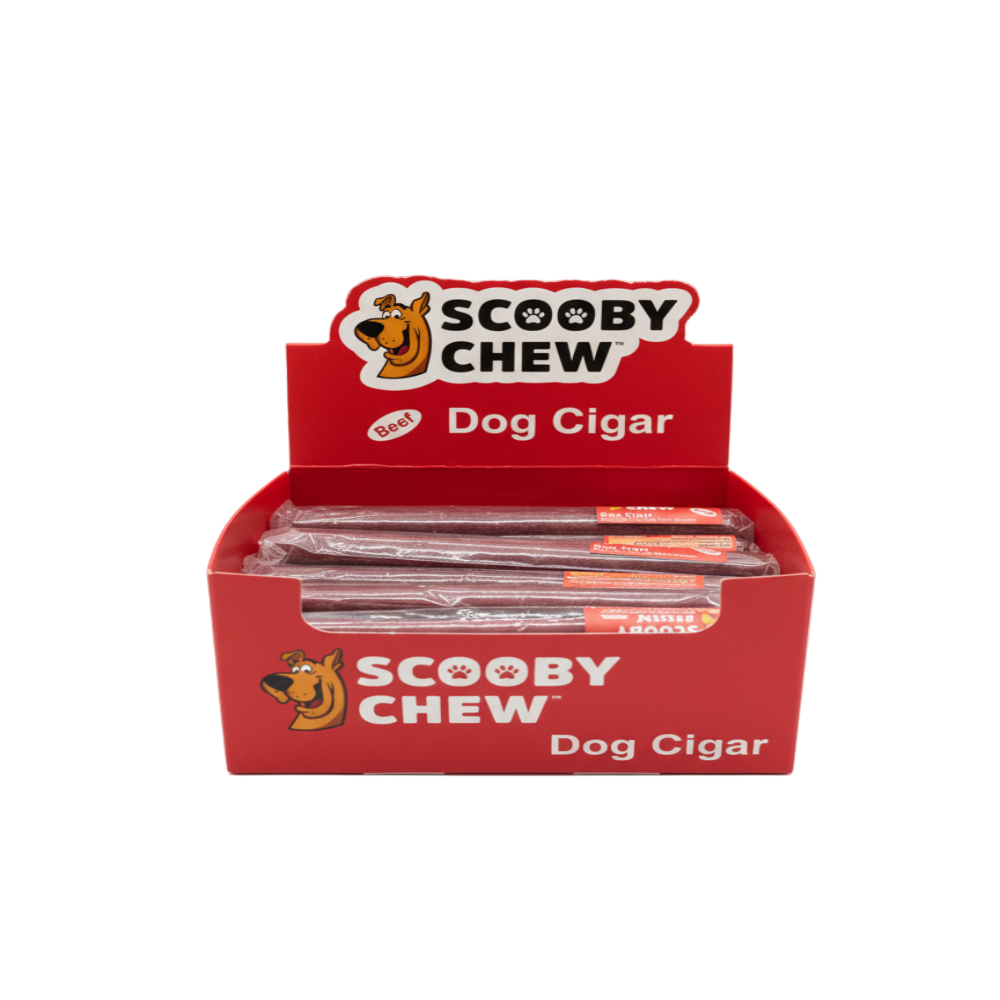 Display box of Scooby Chew Dog Cigars on a white background