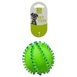 Green spiky ball pet toy with a Humboldt Pet Toys packaging on a white background