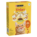 Box of Purina Friskies cat food with a yellow background and cat illustration.