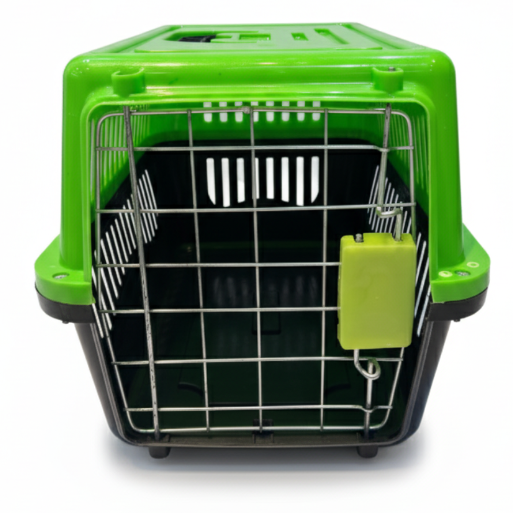 Green and black pet carrier with a green door on a white background