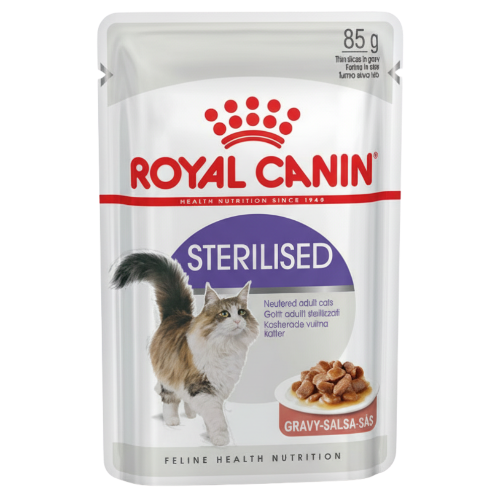 Royal Canin sterilised cat food pouch on a white background
