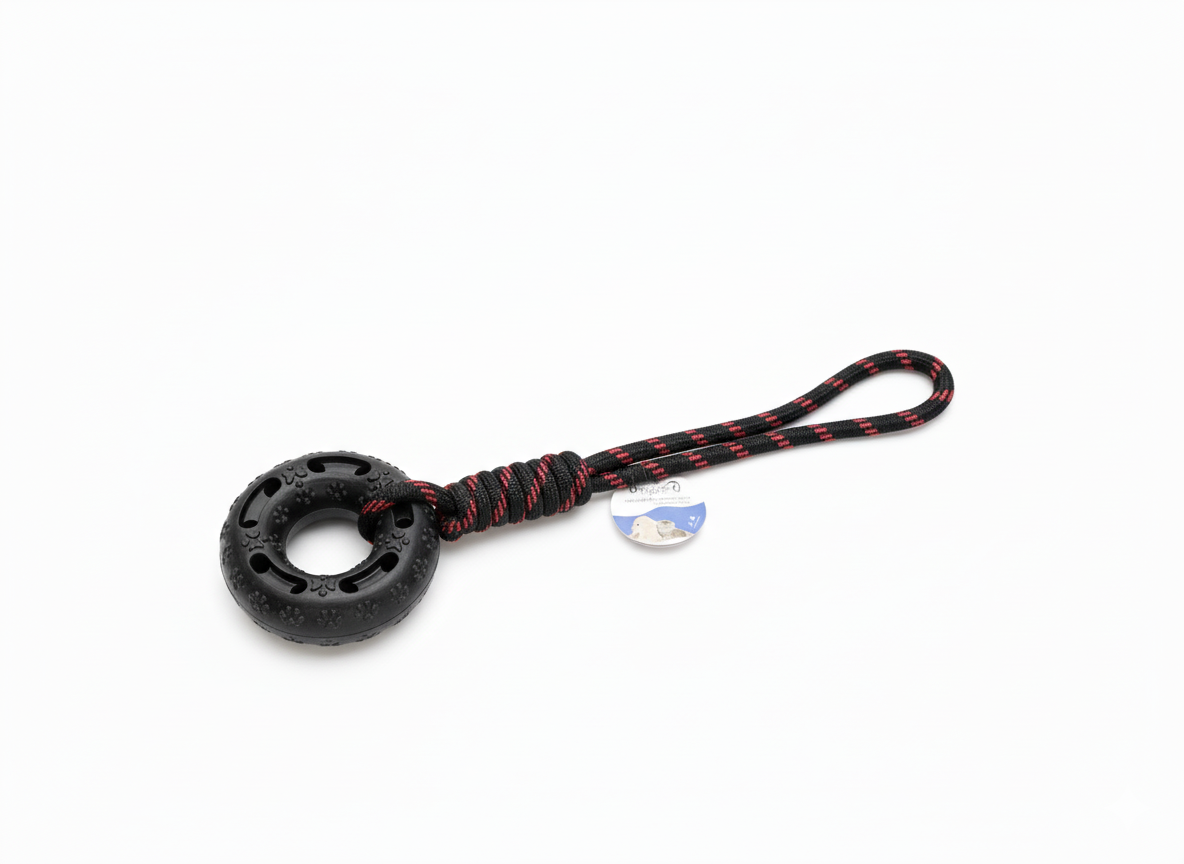 Dog Chew Toy - Rubber Tire & Rope - Tug of War Game.