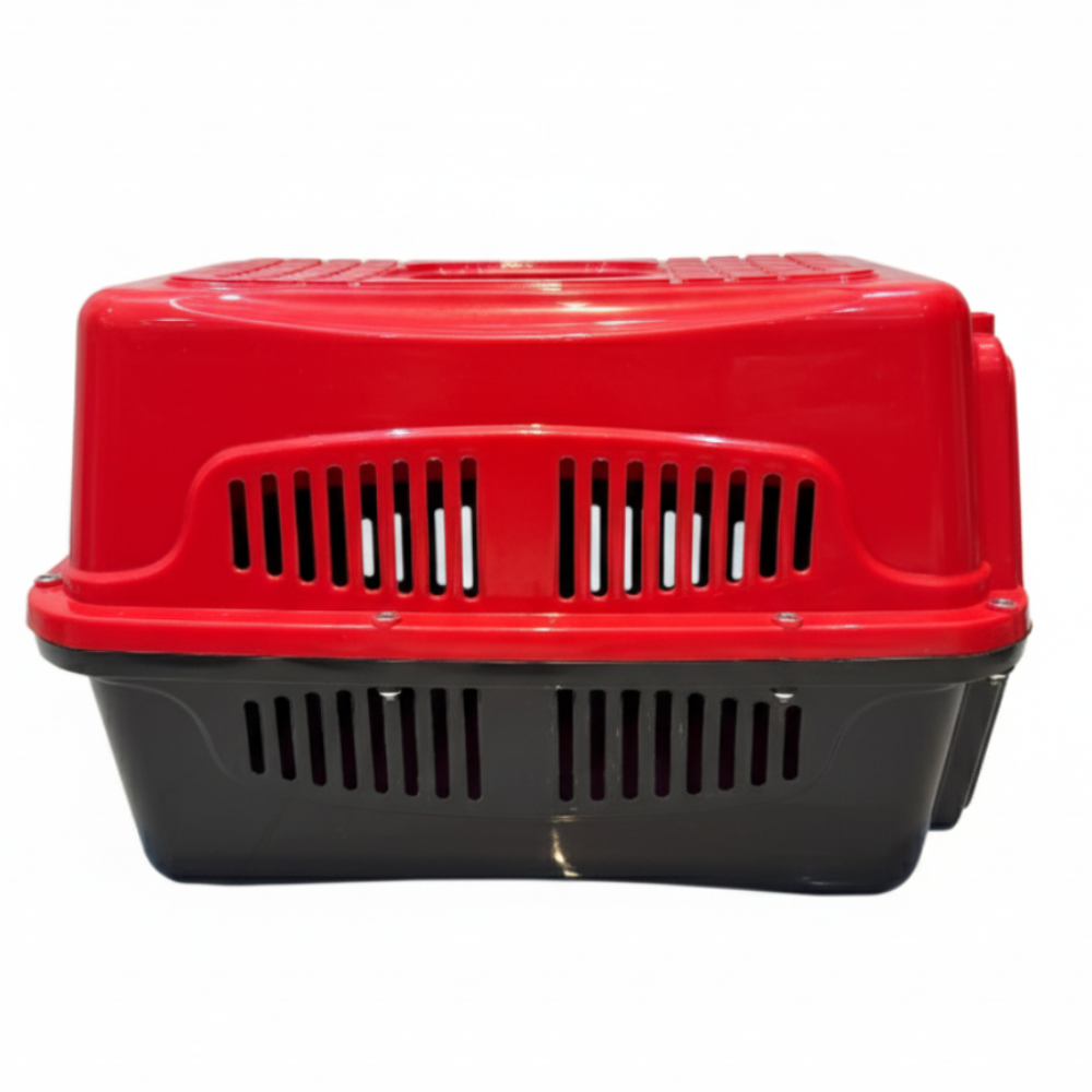 Red and black pet carrier on a white background