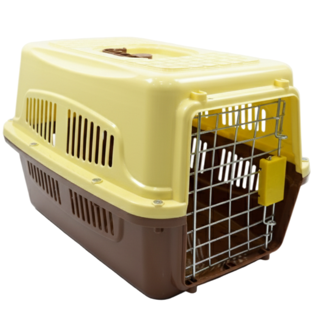 Pet carrier with beige top and brown bottom on a white background