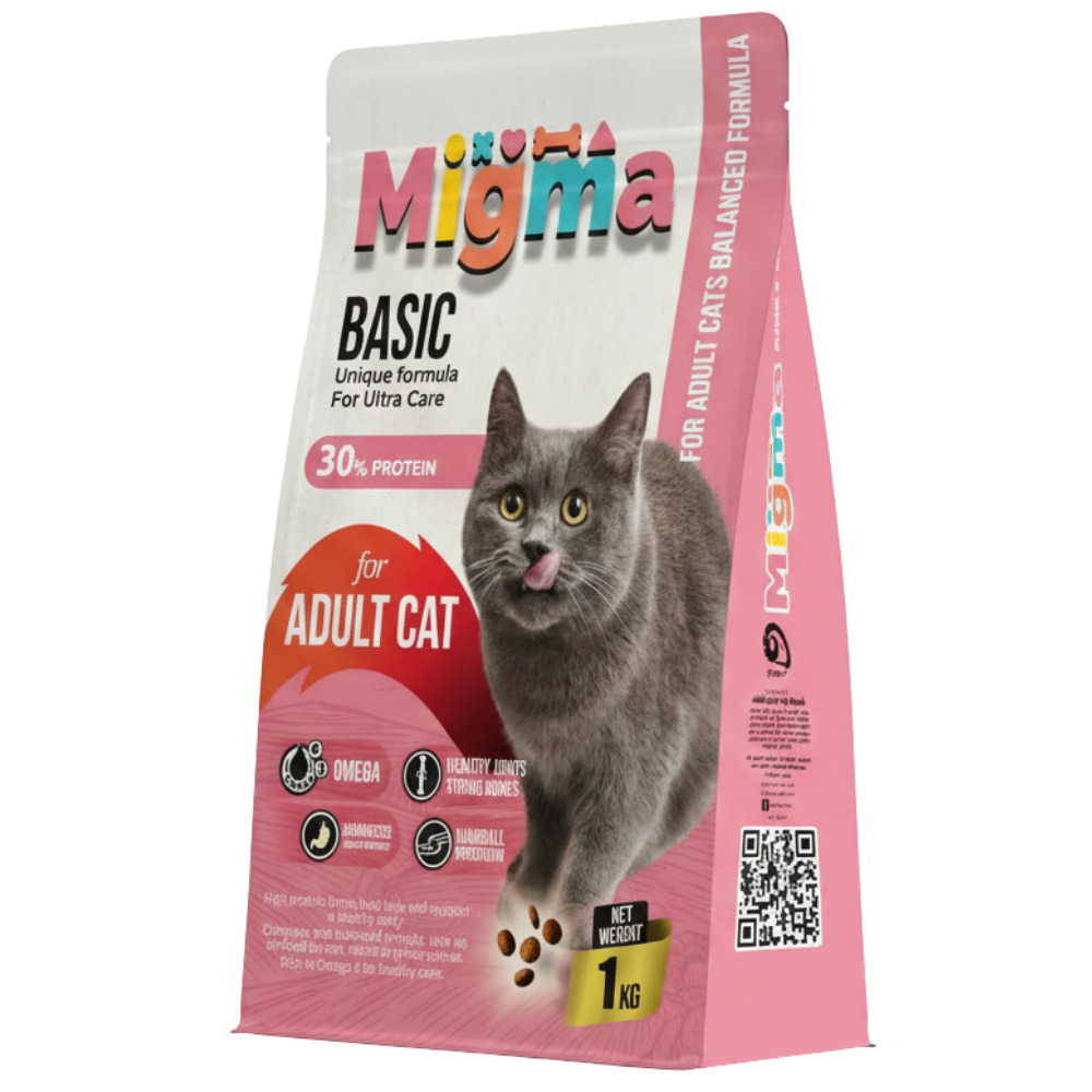Migma cat food package with a gray cat on a white background