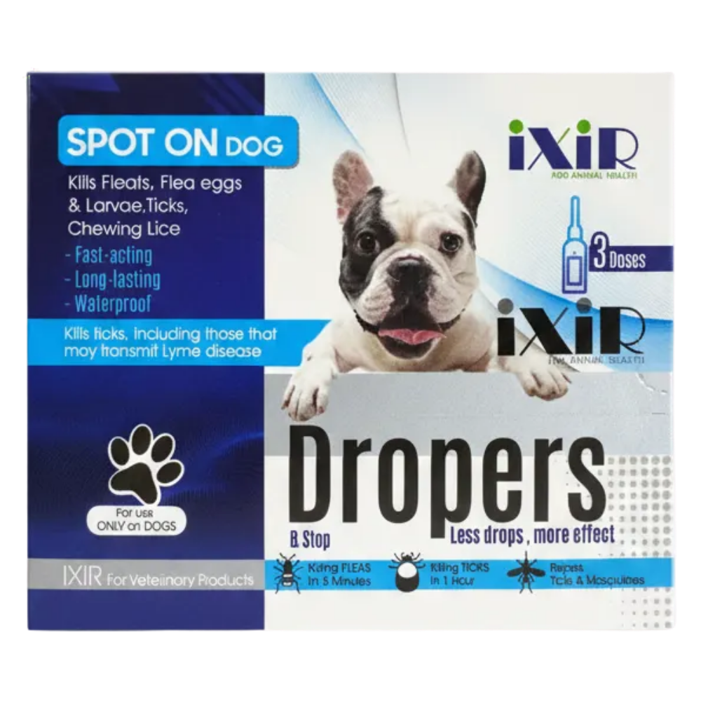 Ixir Dropers packaging for dogs on a white background
