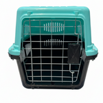 Pet carrier with teal top and black bottom on a white background