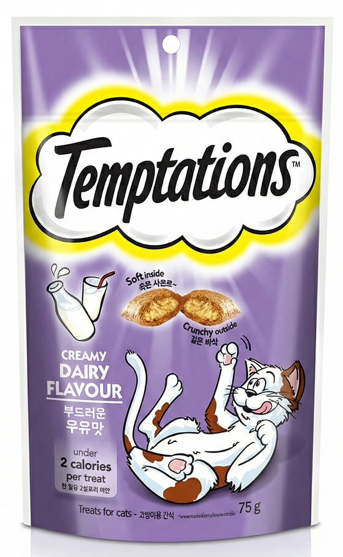 Temptations cat treat package with a purple background