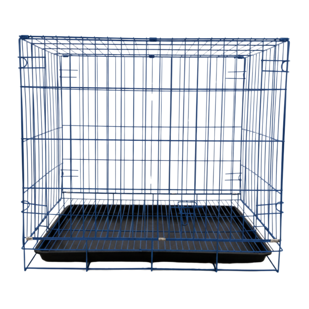 Blue wire pet crate on a white background