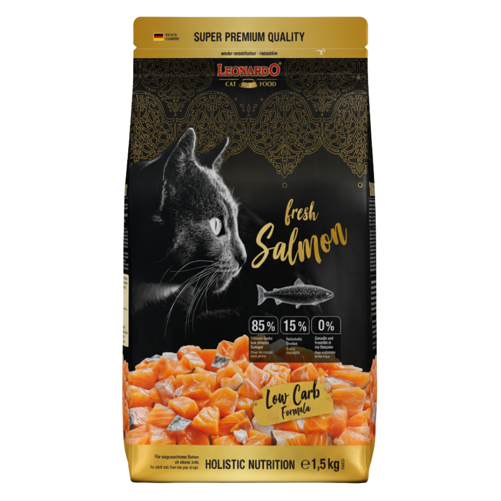 Leonardo cat food package with a black and white cat illustration and salmon imagery on a gold and black background.