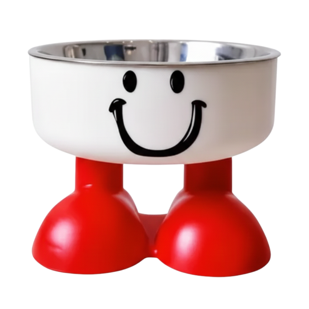 Pet bowl with smiley face design on a white background