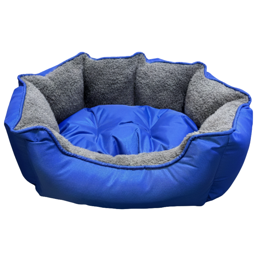 Blue pet bed with gray interior on a white background