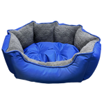 Blue pet bed with gray interior on a white background