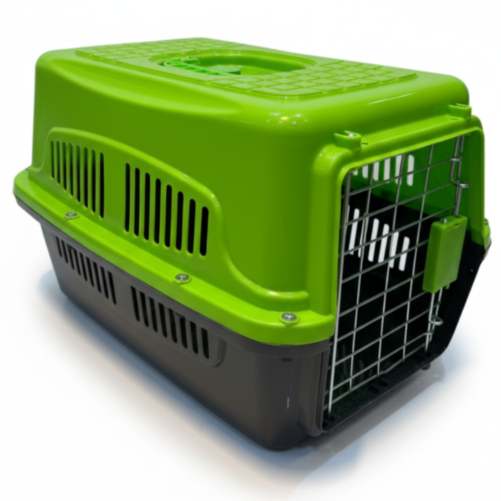Green and black pet carrier on a white background