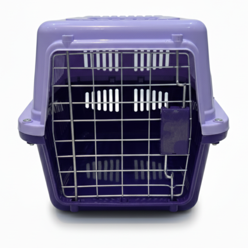 Purple pet carrier with a wire mesh door on a white background