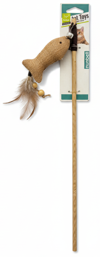 Cat toy with fish-shaped end on a stick, attached to a cardboard packaging with brand logo.