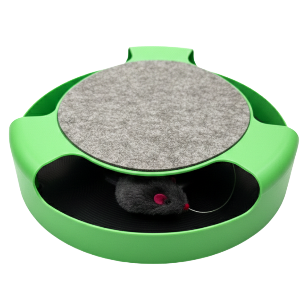 Green cat toy with a gray cushion and small plush toy on a white background