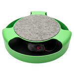 Green cat toy with a gray cushion and small plush toy on a white background