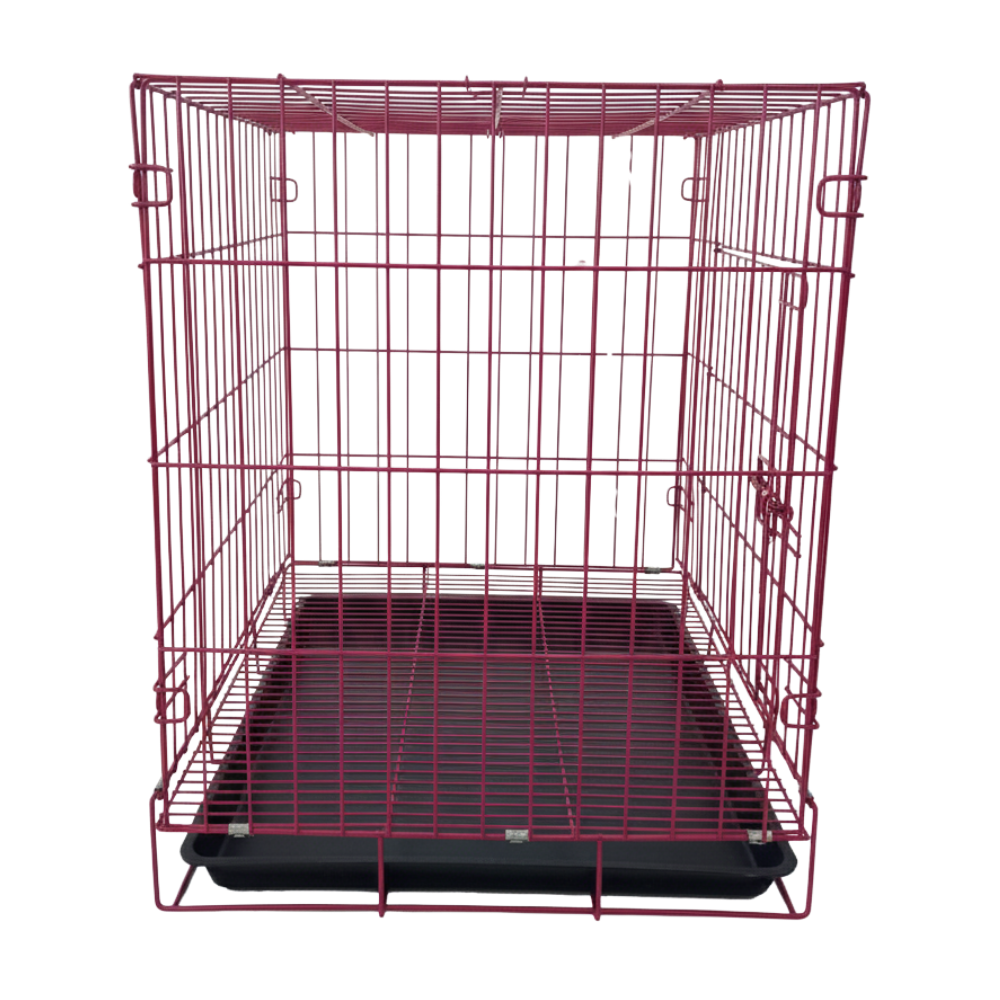 Red wire pet crate with a black bottom on a white background