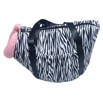 Zebra print bag with a pink item on a white background