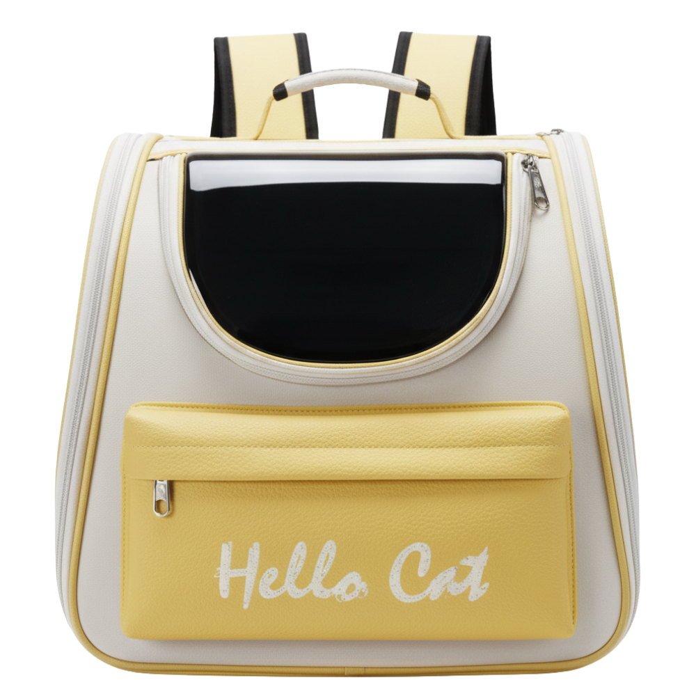 Pet carrier with 'Hello Cat' text on a white background