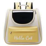 Pet carrier with 'Hello Cat' text on a white background