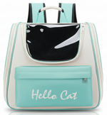 Backpack with a cat-shaped window and 'Hello Cat' text on a white background
