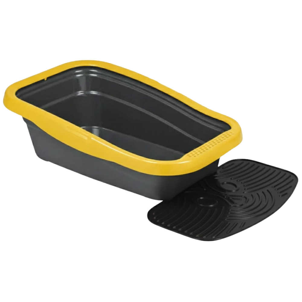 Black bread loaf pan with yellow rim and black silicone mat on a white background