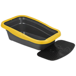 Black bread loaf pan with yellow rim and black silicone mat on a white background