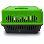 Green and black pet carrier on a white background