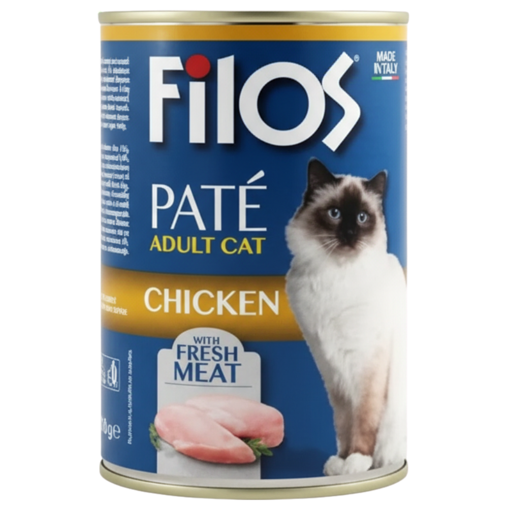 Can of Filos Pate Chicken cat food with a cat on the label