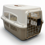 Pet carrier with a beige exterior and wire mesh door on a white background