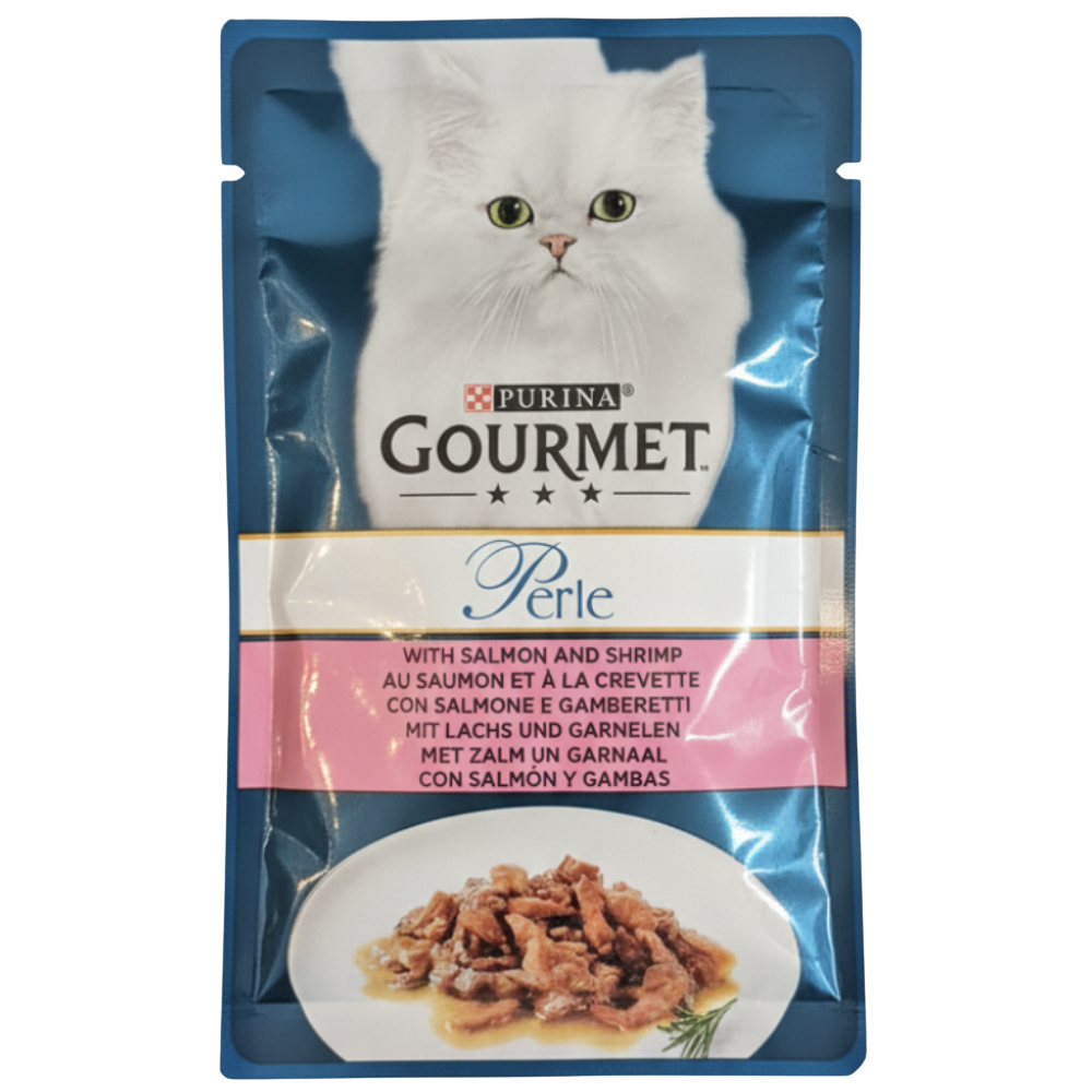 Purina Gourmet Perle cat food pouch with a white cat on the packaging