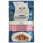 Purina Gourmet Perle cat food pouch with a white cat on the packaging
