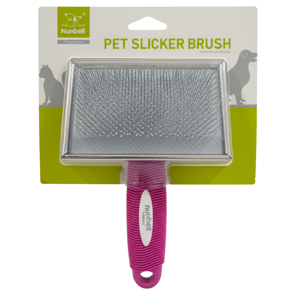 Pet slicker brush with pink handle on a white background