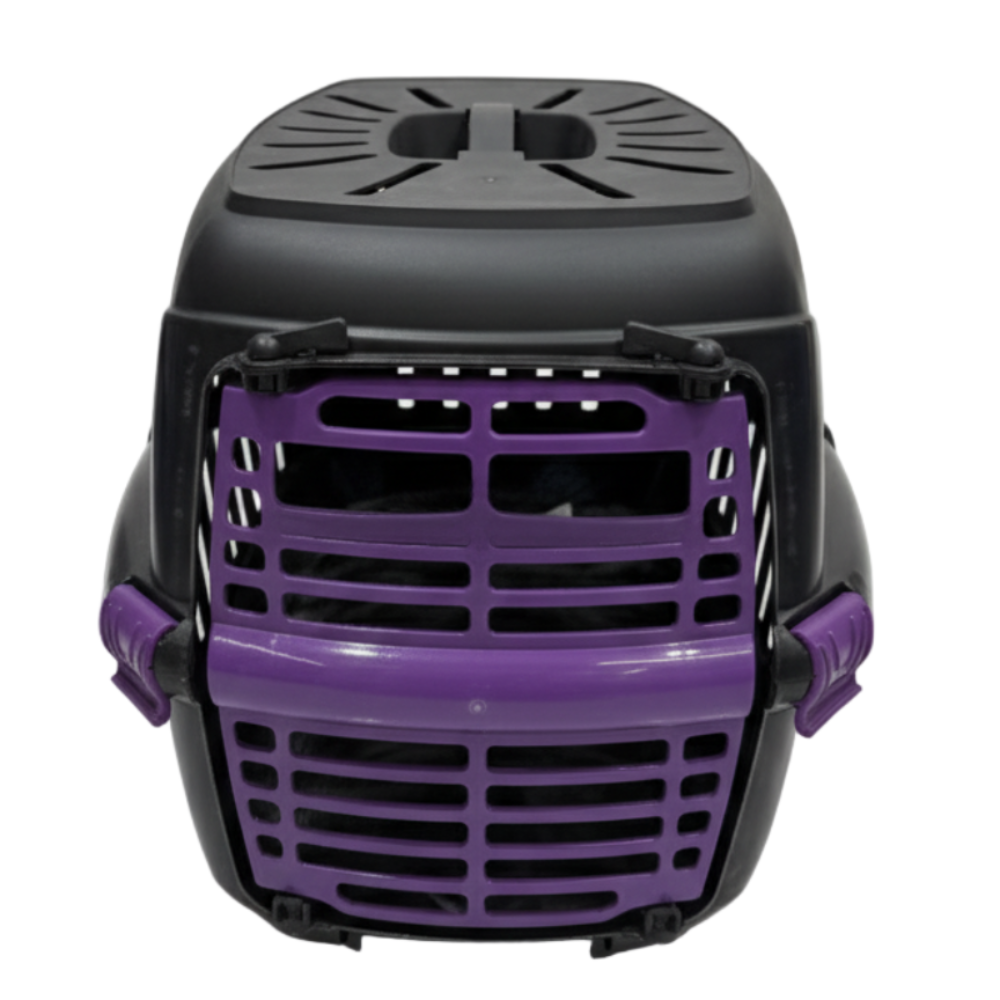 Black and purple pet carrier on a white background