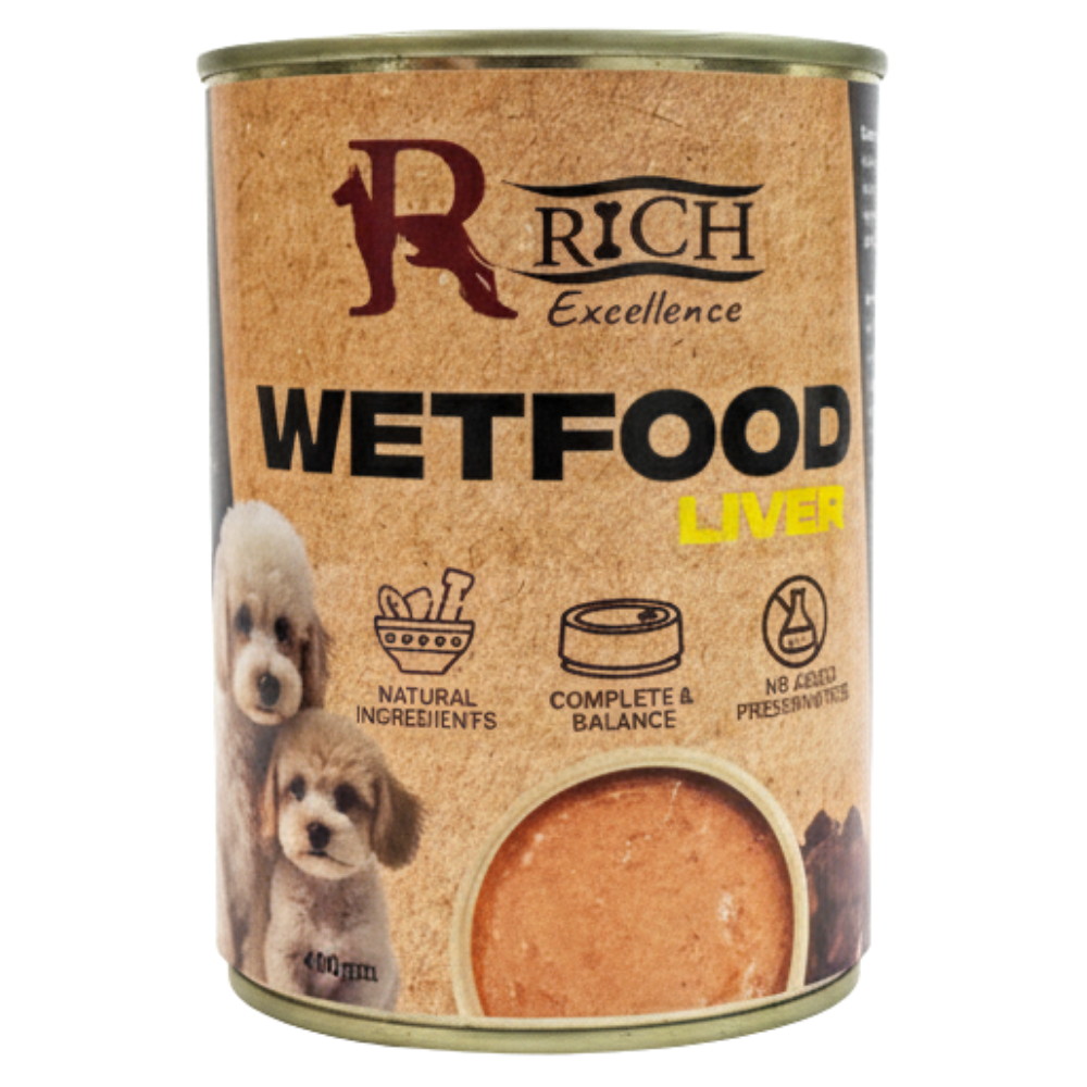 Can of Rich Excellence Wetfood Liver for dogs on a brown background