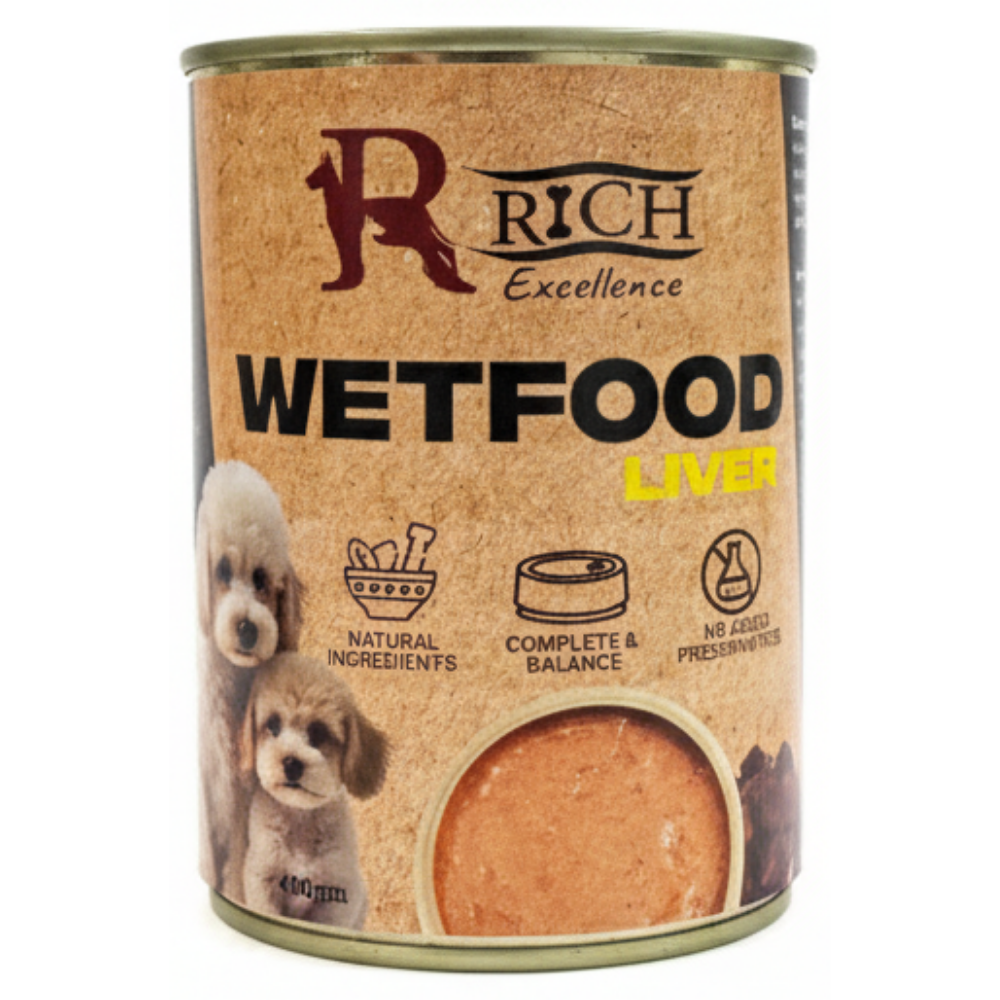 Can of Rich Excellence Wetfood Liver for dogs on a brown background