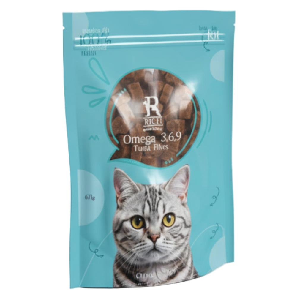 Cat food package with a cat's face on the label against a white background