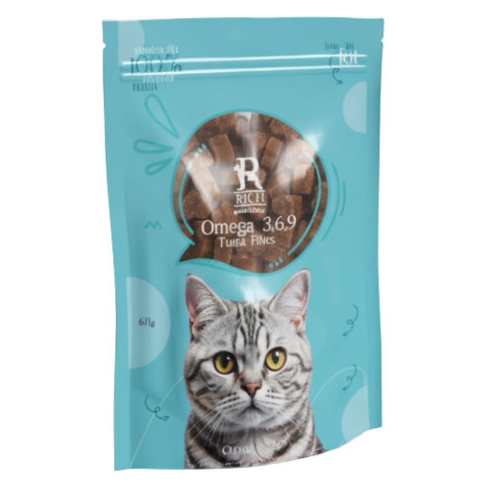 Cat food package with a cat's face on the label against a white background