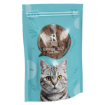 Cat food package with a cat's face on the label against a white background