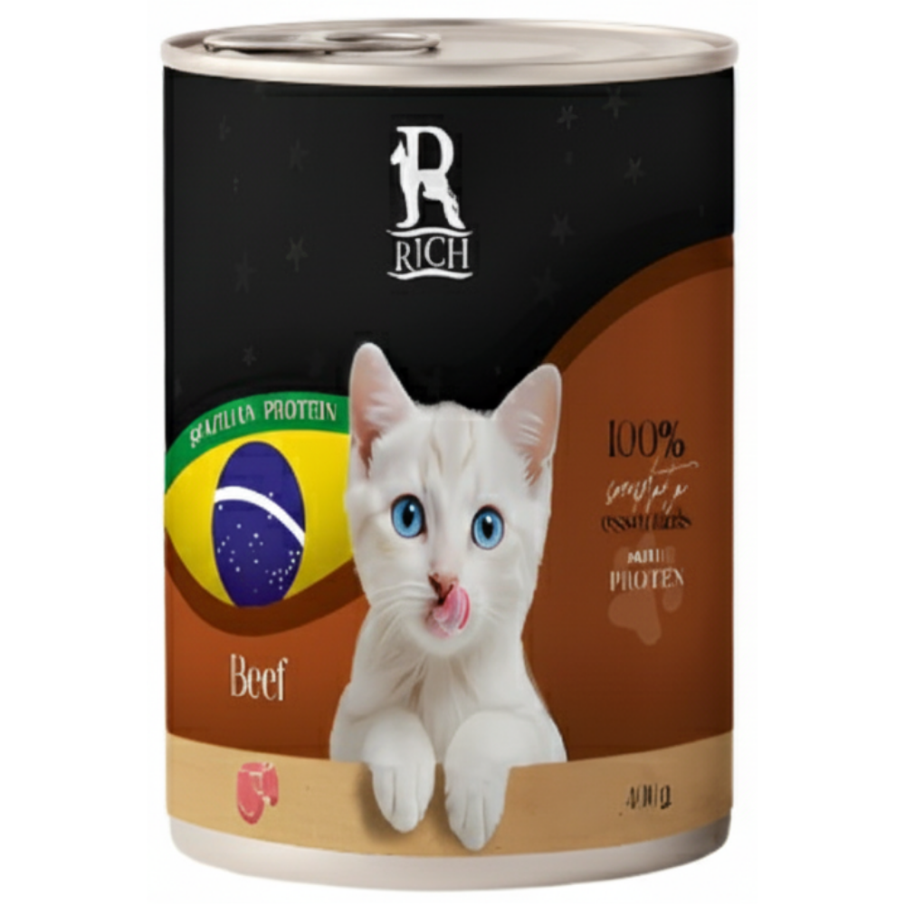 Can of cat food with a white cat on the label against a white background