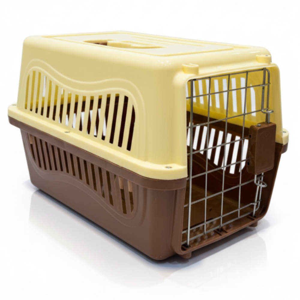 Pet carrier with beige top and brown bottom on a white background