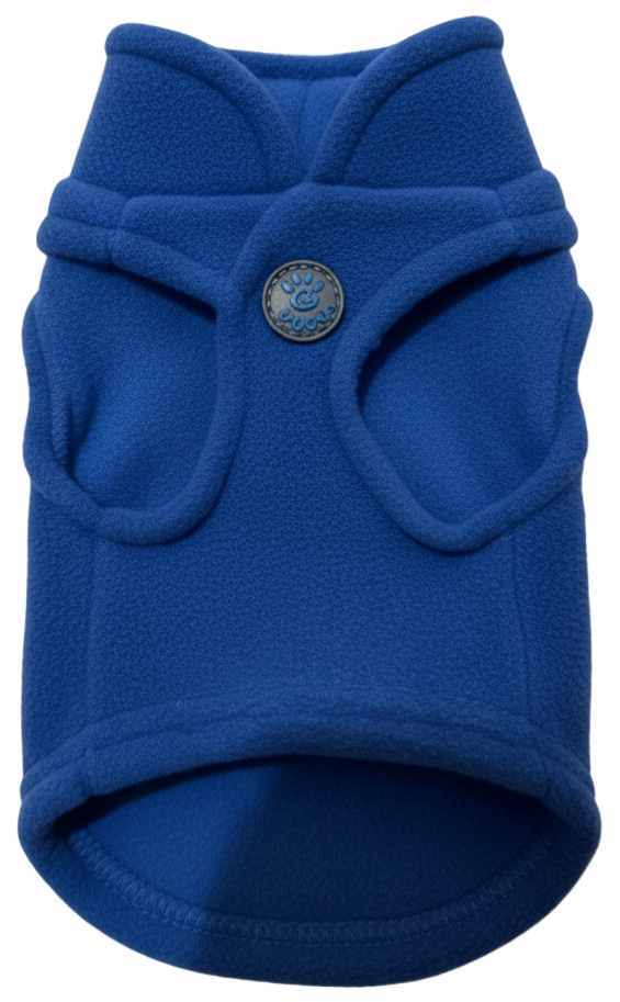 Blue dog sweater with a button on a white background
