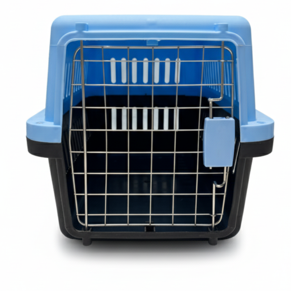 Pet carrier with blue top and black bottom on a white background